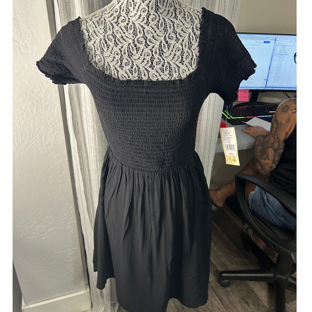 Rewind Fit & Flare Mini Dress Womens M Black Smocked Lace Back Short Sleeve